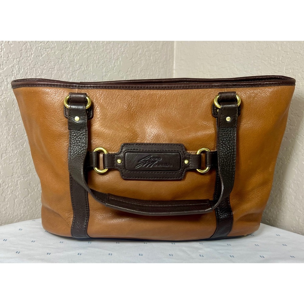 Stone Mountain Brown Two Tone Leather Tote‎ Shoulder Bag Gold Hardware A3508